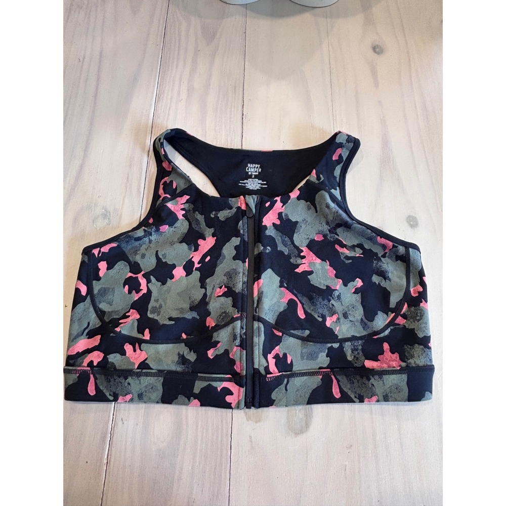 Happy Camper by Torrid Womens Pink Green Camo Front Zip Racerback Sports Bra 2